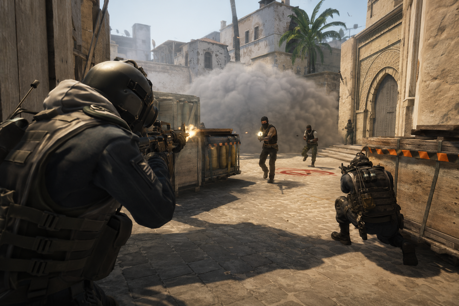 Illustration évocatrice de Counter-Strike : assaut tactique sur une carte urbaine