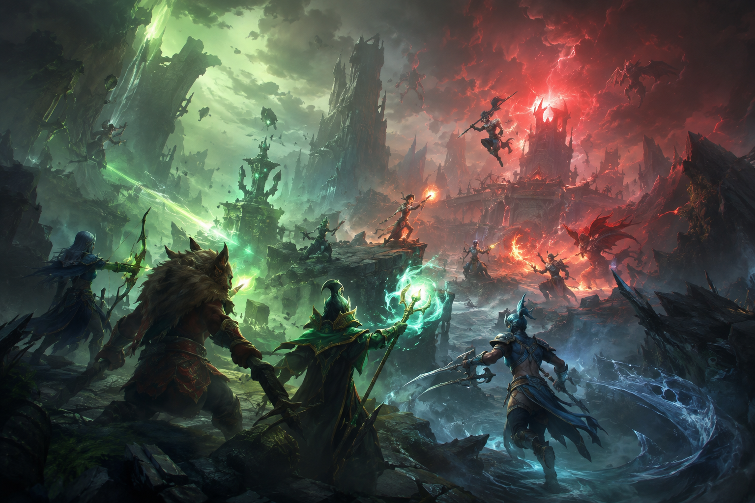 Illustration évocatrice de Dota 2 : bataille fantasy entre deux camps