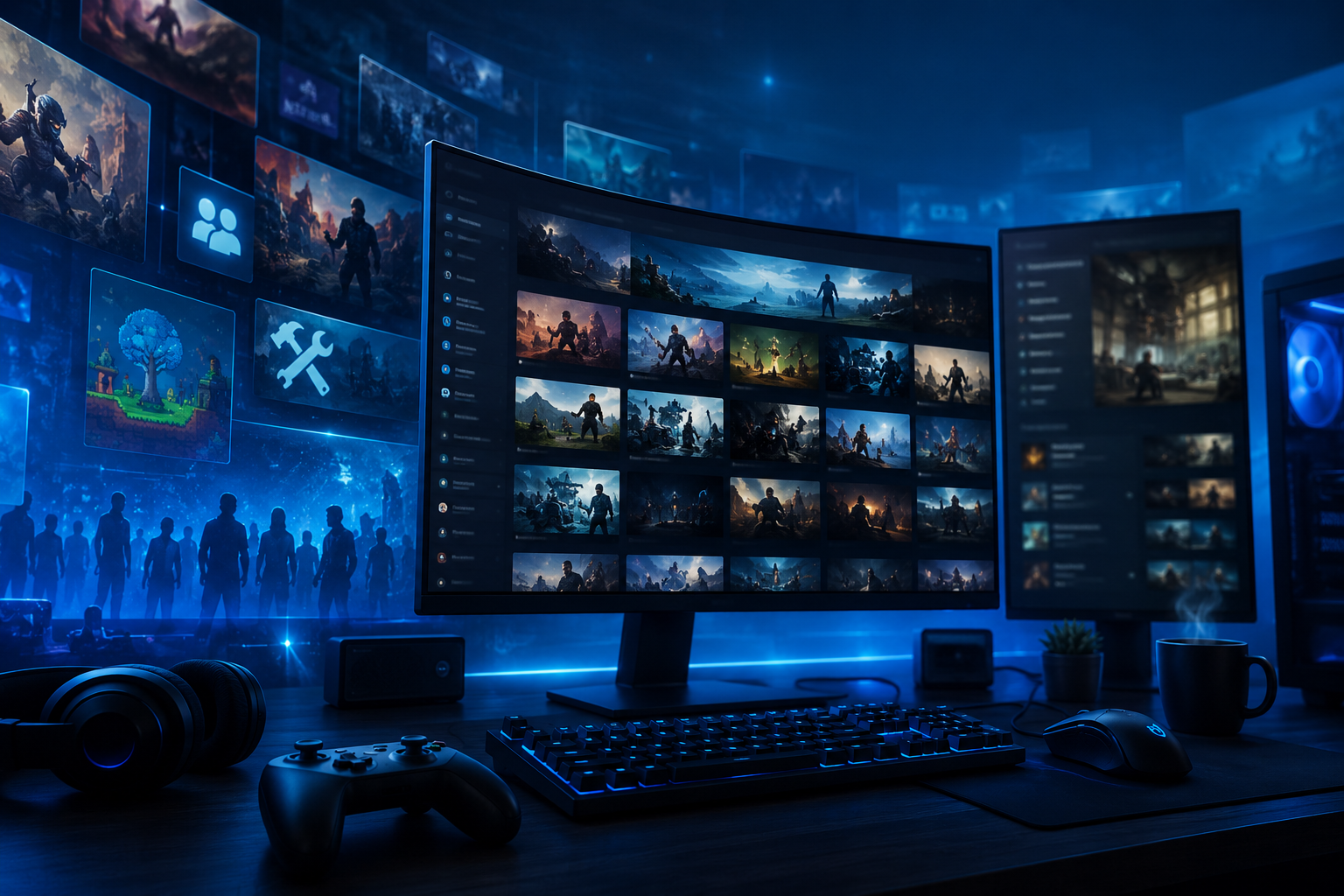 Illustration évocatrice de Steam : bibliothèque et univers du jeu PC