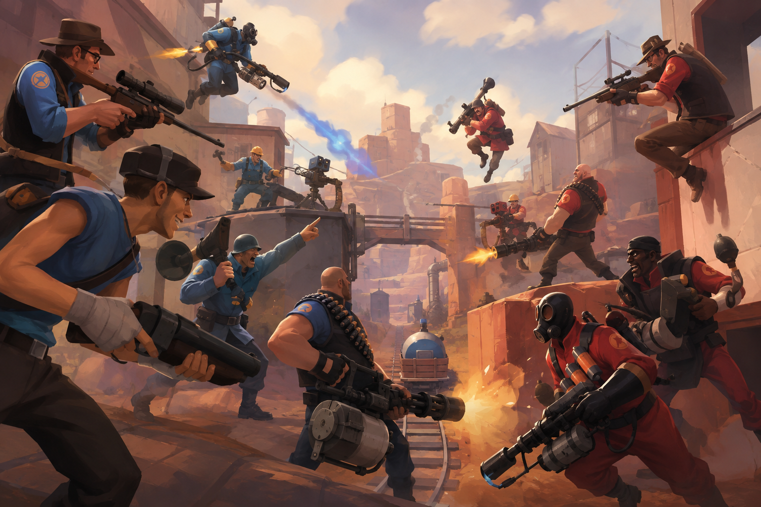 Illustration évocatrice de Team Fortress : affrontement rouge contre bleu